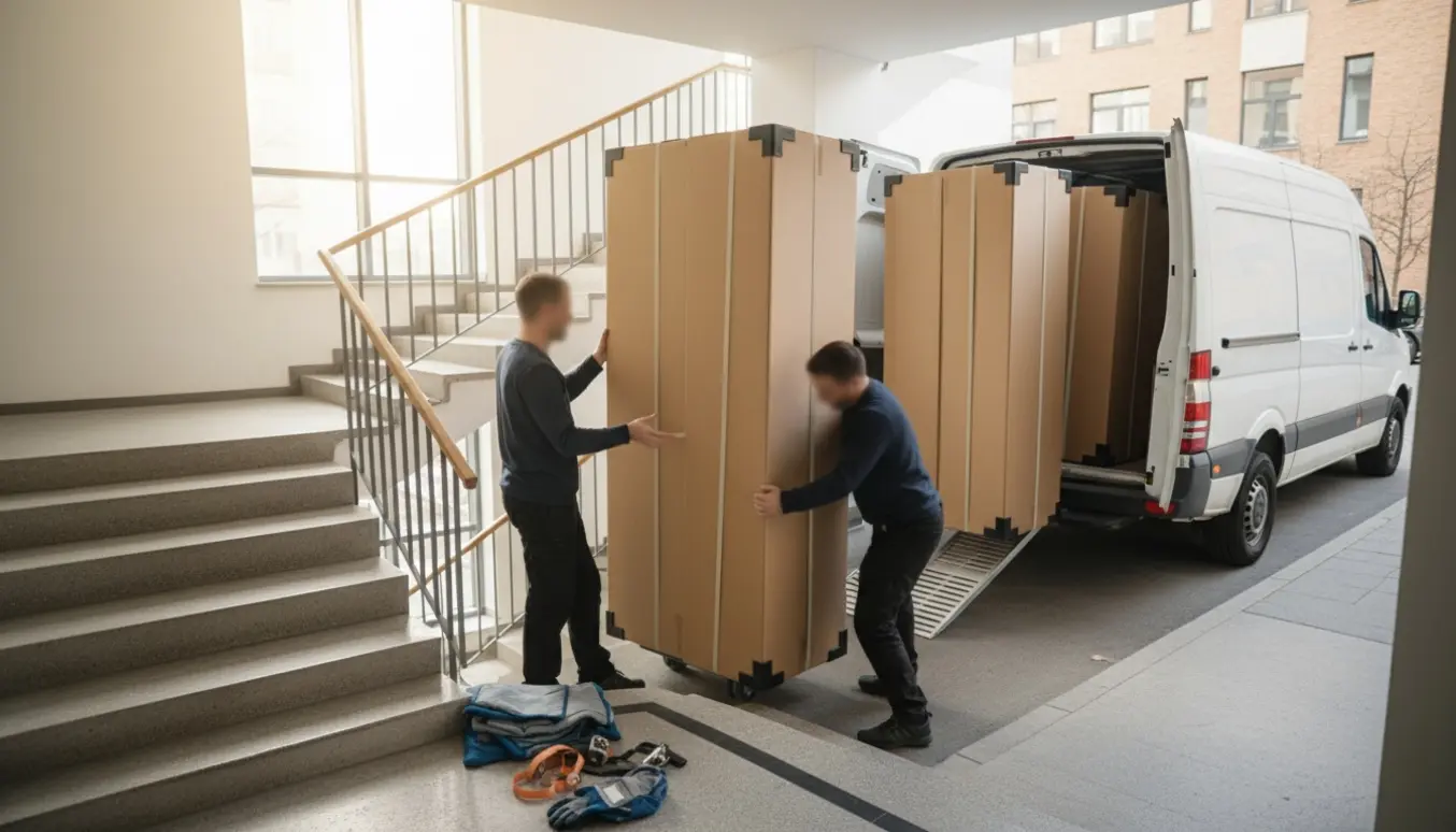 Tre høje uåbnede flade møbelæsker bæres ned ad en trappe og læsses ind i en varevogn.