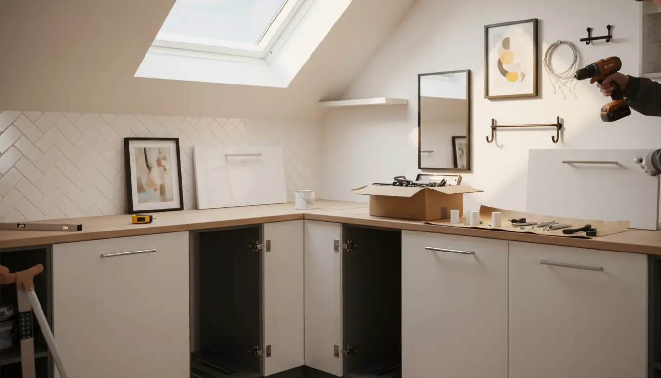 Nærbillede af montering af nye lakerede køkkenlåger og greb med værktøj, hylde og spejl klar til opsætning.