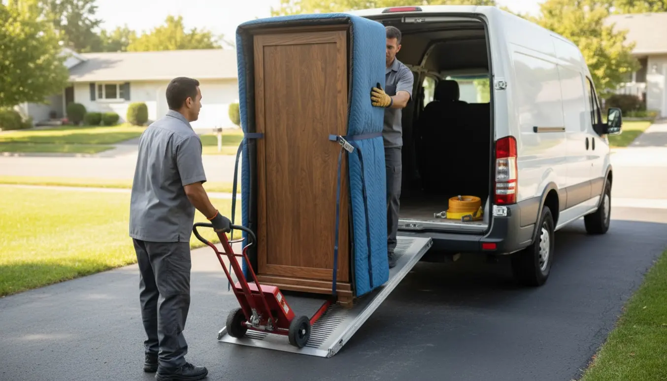 To hjælpere læsser et højt træskab ind i en tom varevogn med flyttetæpper og stropper.
