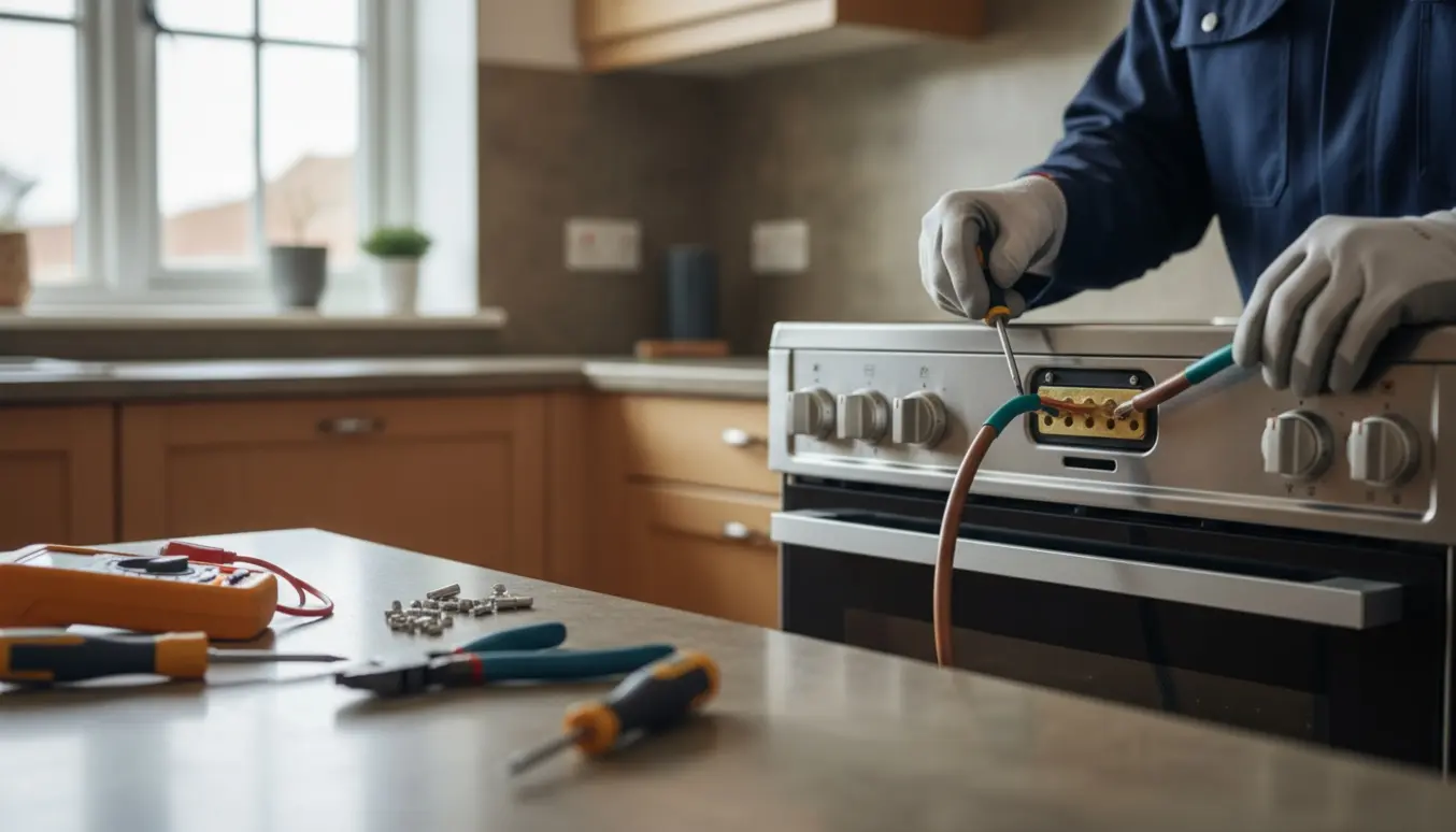 Elektriker forbinder komfurets kabel i et moderne køkken, kun hænder og værktøj er synlige.
