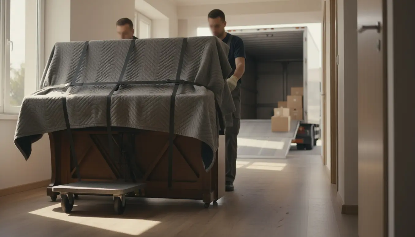 To flyttefolk fører en 122 cm bred pianette ind i en flyttebil, pakket ind i polstringsmåtter.