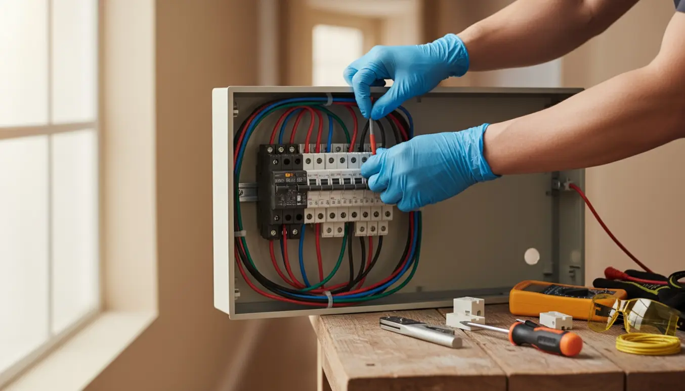 Hænder omdirigerer ledninger i et åbent el-tavleskab med værktøj og sikkerhedsudstyr.
