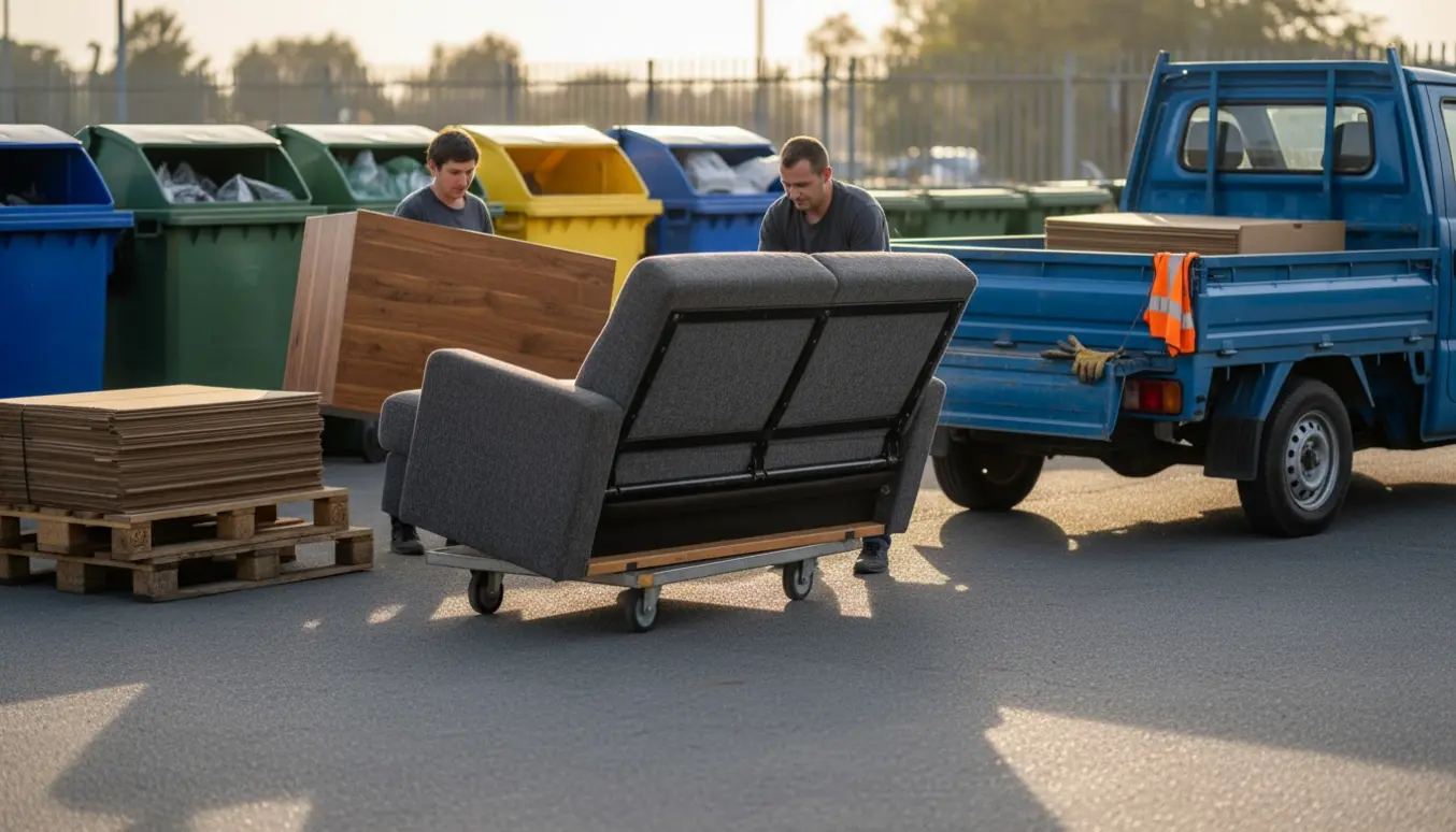En sammenklappet sovesofa og et bord læsses af ved en genbrugsplads.
