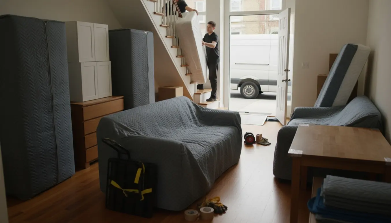 To flyttere bærer en indpakket boxmadras ned ad trappen i et rækkehus, mens skabe, sofaer og et spisebord er pakket og en åben flyttevogn venter udenfor.