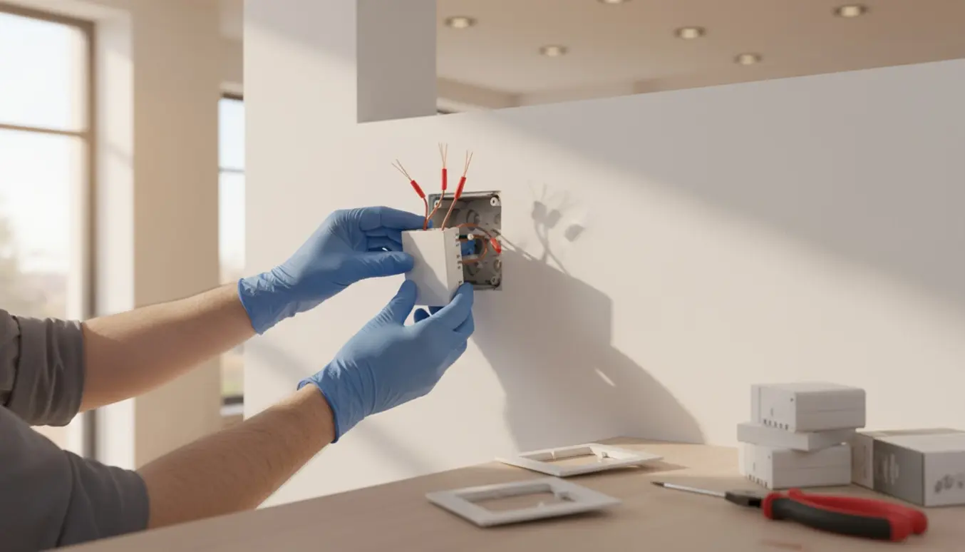 Hænder installerer en lysdæmper i en væg i et moderne nyt rækkehus.