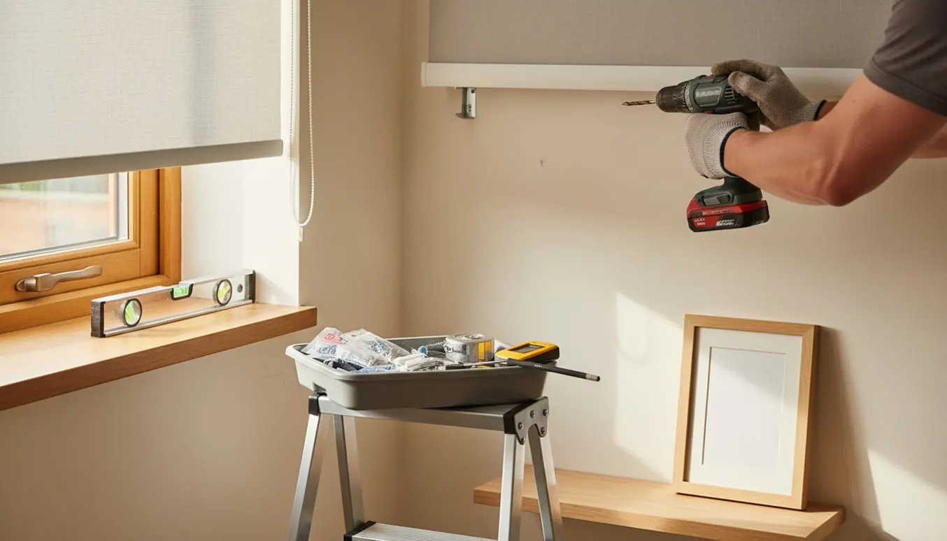Hænder monterer et rullegardin ved et vindue, med en lille reol og et billede klar til ophæng.