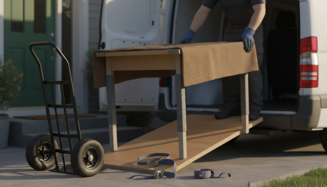 Et firkantet træbord læsses forsigtigt ind i en varebil på en rampe med flyttetæpper og stropper.