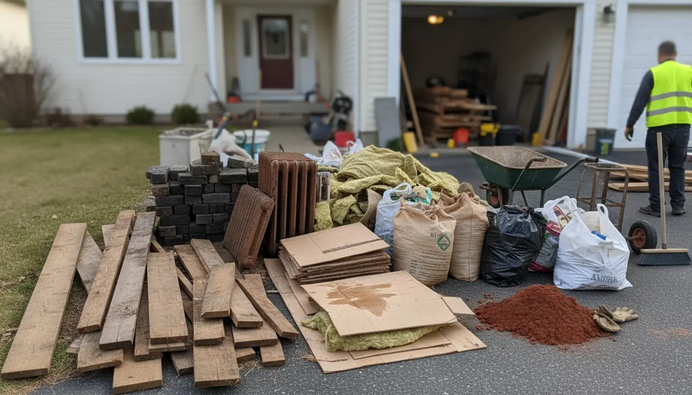 Oprydning af byggeaffald foran garage og hus med bunker af træ, mursten, isolering, poser og radiatorer.