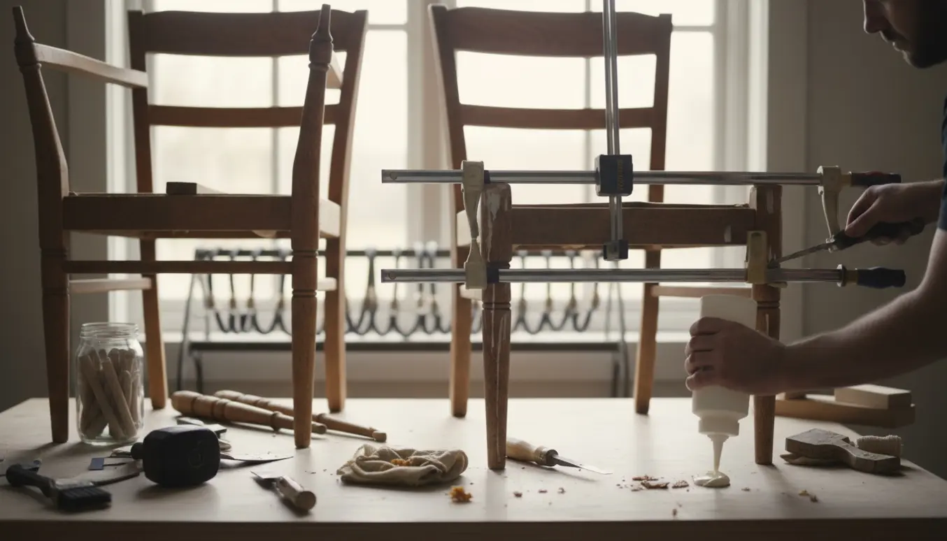 Fem gamle træstole delvist adskilt på et lyst værkstedsbord, en stol holdes sammen med tvinger og frisk trælim.