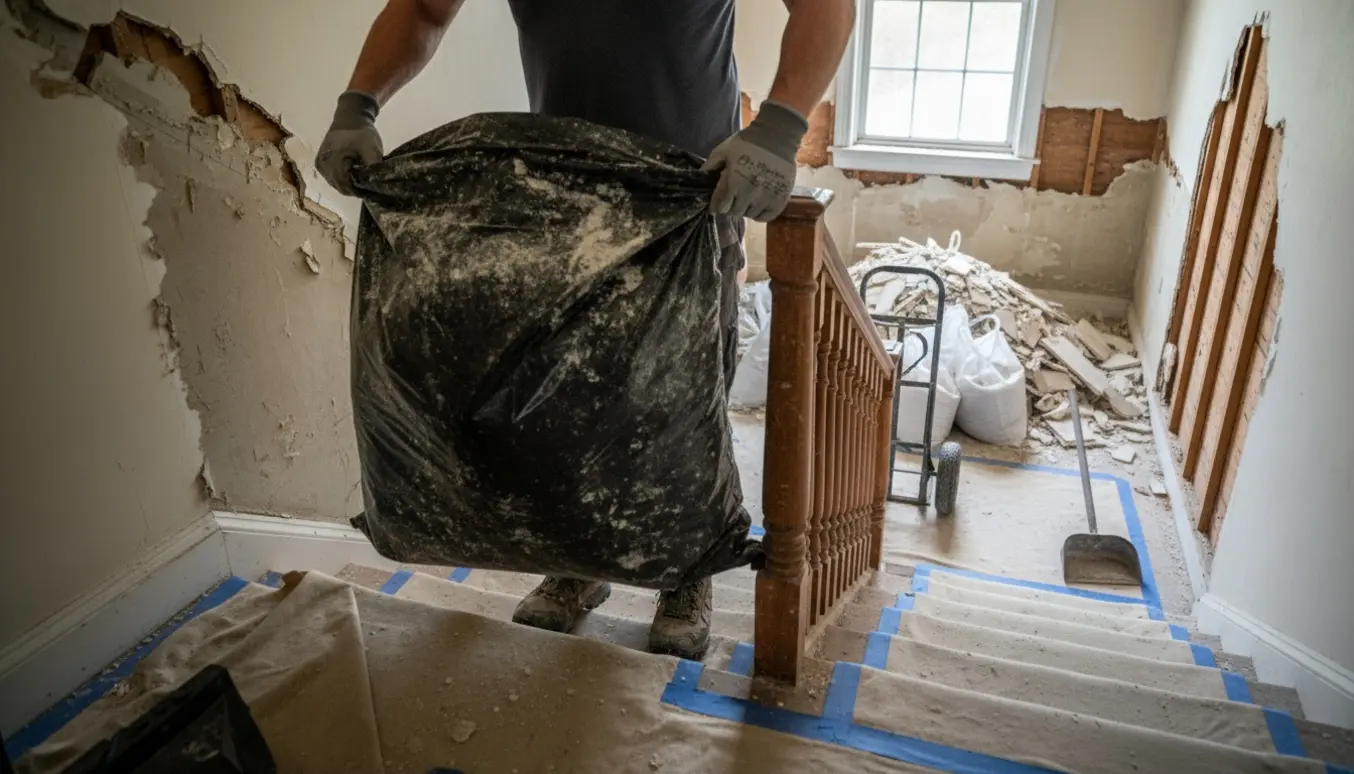 To par arbejdshandsker bærer en sæk med nedrivningsaffald ned ad en opgang, mens affald er sorteret i et værelse på anden sal.