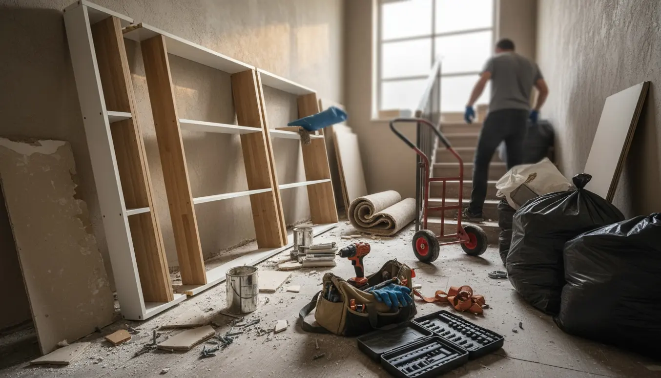 To delvist adskilte Ikea-reoler på en opgangslanding omgivet af byggeaffald og værktøj.