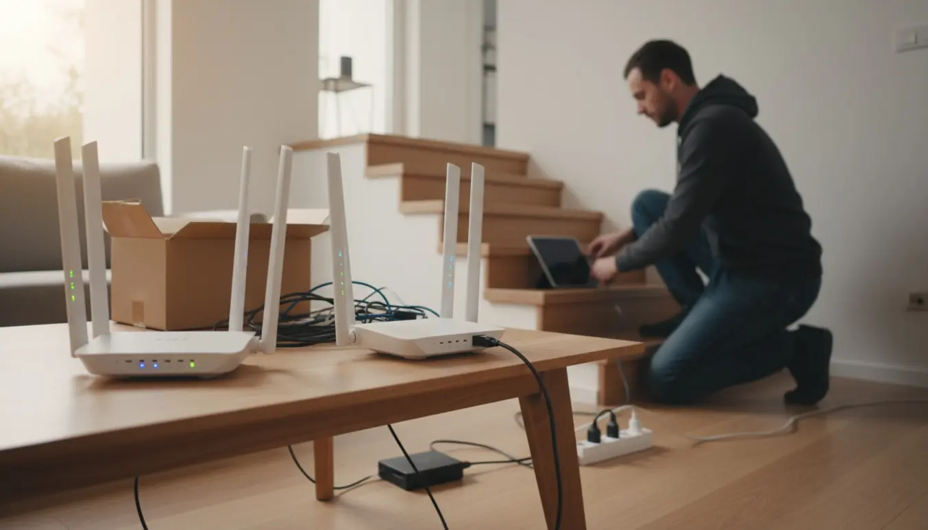 Tekniker tilslutter et kabel til store trådløse routere i en to-etagers stue for at løse svagt wifi.