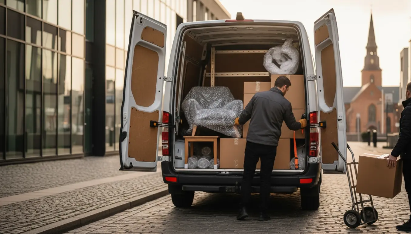 Flyttebil med åben bagdør med to små møbler og fem flyttekasser, chauffør set bagfra sikrer lasten.