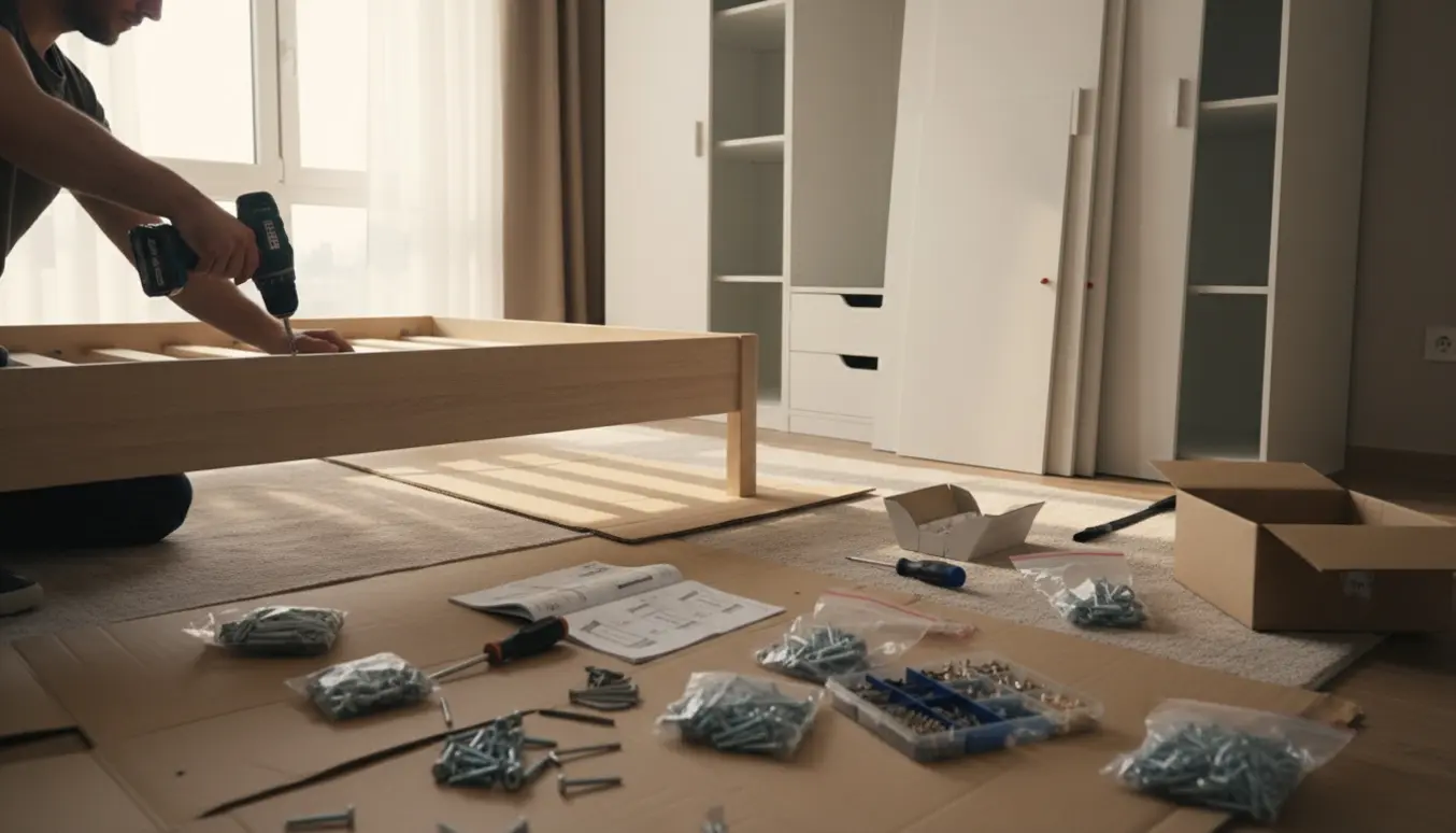 Hænder samler en ny seng og et delvist samlet skab med værktøj og mange skruer i et lyst soveværelse.
