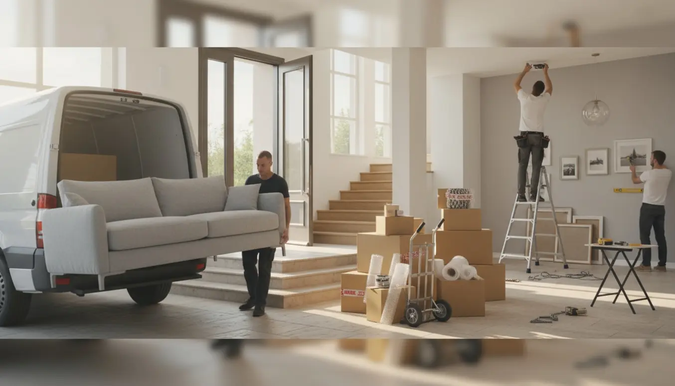 To flyttefolk bærer en sofa ind i en villa, med flyttekasser, værktøj og en person på en stige, der monterer en lampe.