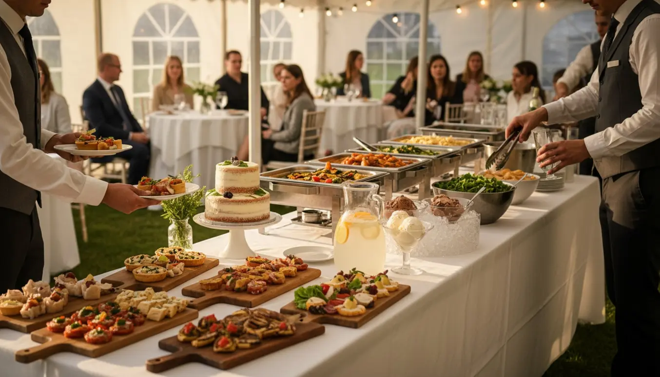 Udendørs konfirmationsreception i telt med buffet, lagkage og serveres hænder i fokus.