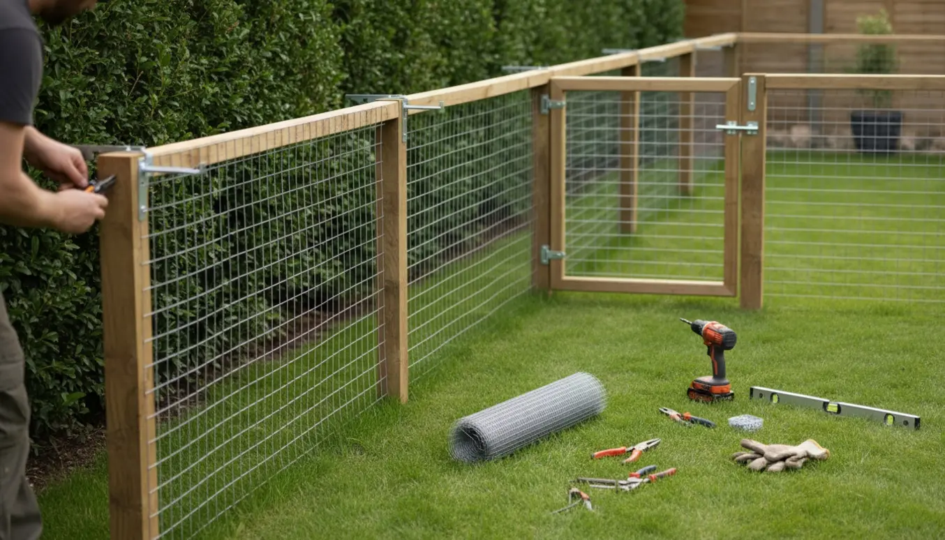 Baghave med trådhegn fastgjort til stolper og hyldeknægte langs hækken samt en lukket trådlåge ved en lille græsplæne.