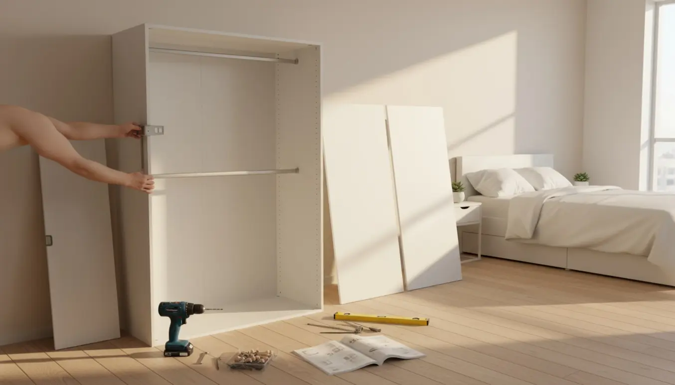 Halvt samlet PAX-garderobe i et lyst soveværelse med værktøj og hænder, der justerer en hylde.