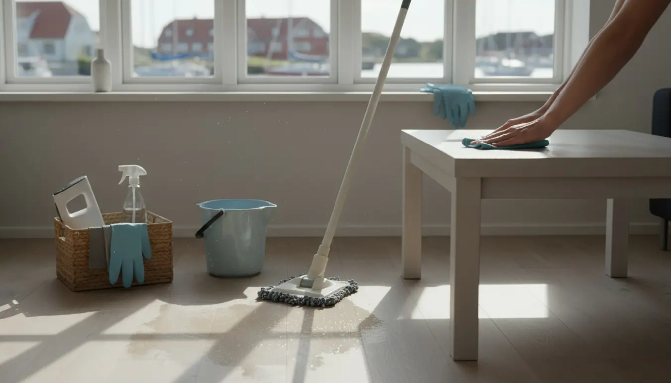 Hænder rengør et lyst skandinavisk hjem i Dragør med moppe, spand og klud i sollys.