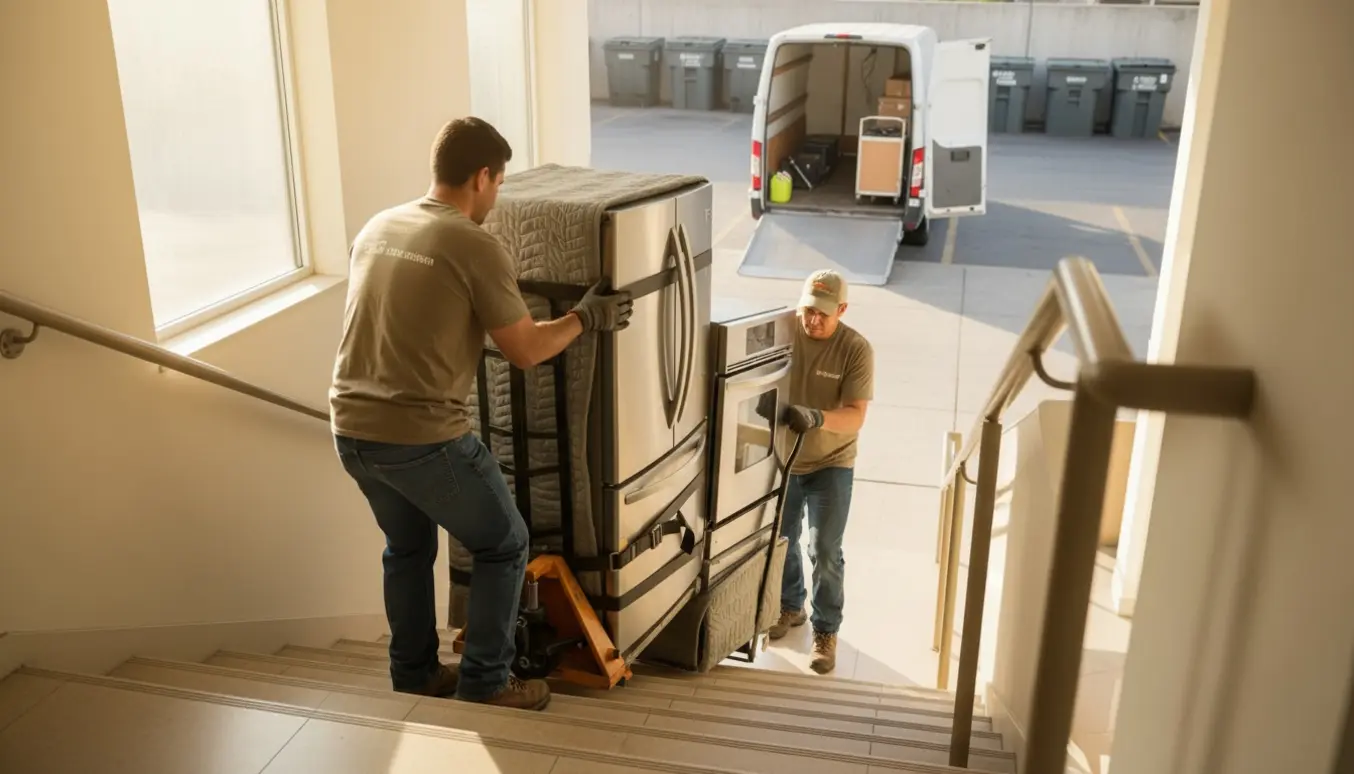 To flyttefolk bærer et køleskab og en ovn ned ad en trappe mod en varevogn ved en genbrugsplads.