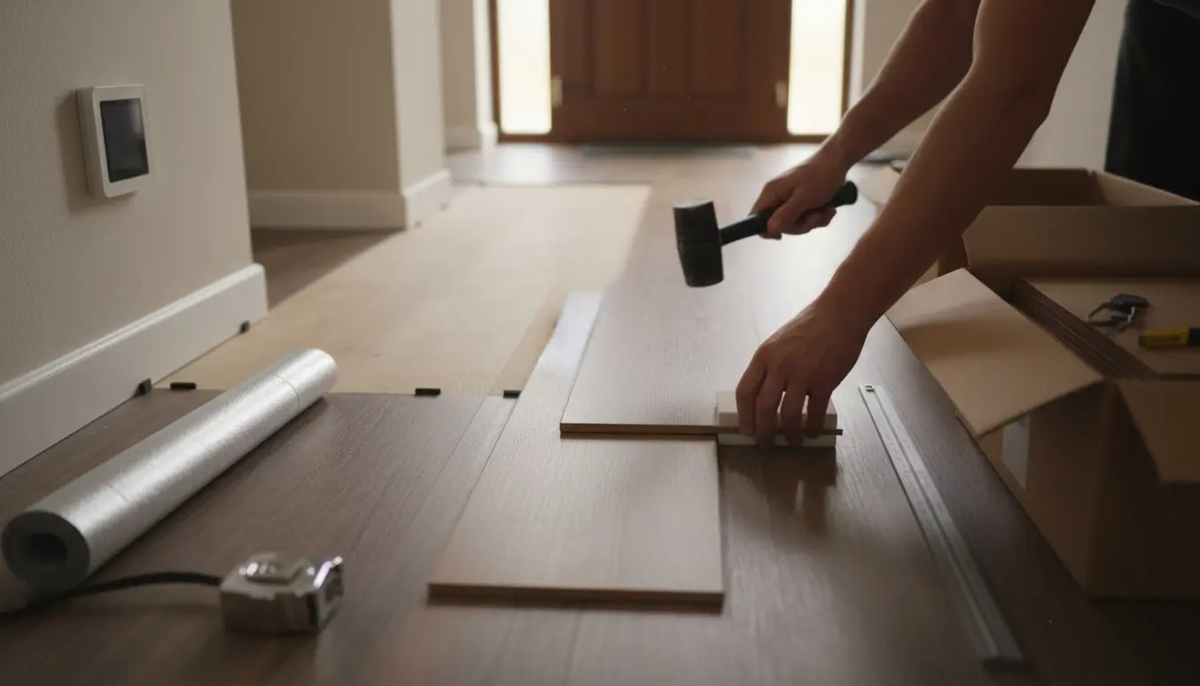 Entré med synlig farveforskel i laminatgulvet og håndværkerhænder, der lægger nyt laminat med værktøj.