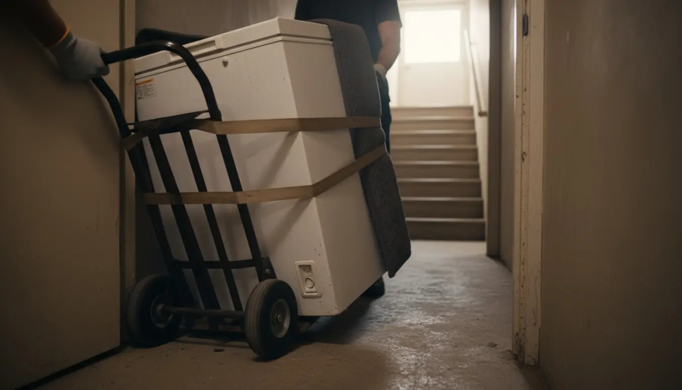 Kummefryser på sækkevogn trækkes ud af et smalt kælderrum mod trappen, med arbejdshandsker synlige.