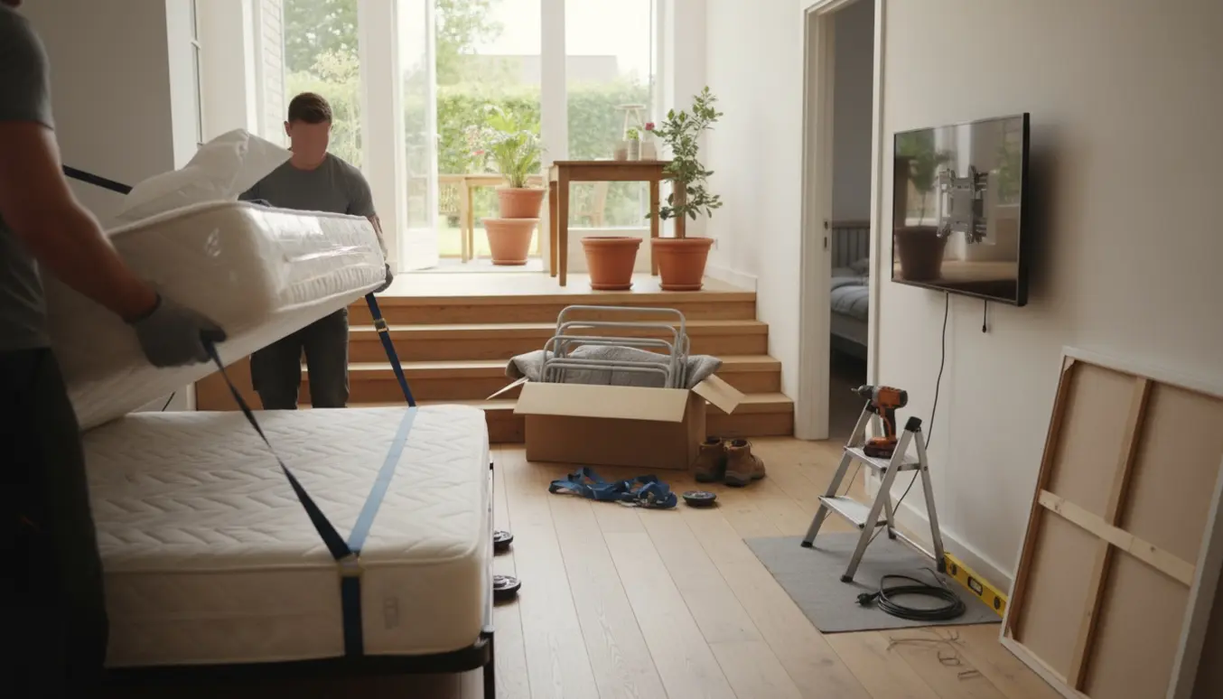 Flyttescene med dobbeltseng på trappen, havemøbel og store krukker ved terrassen, samt TV-montering og maleri klar til ophæng.