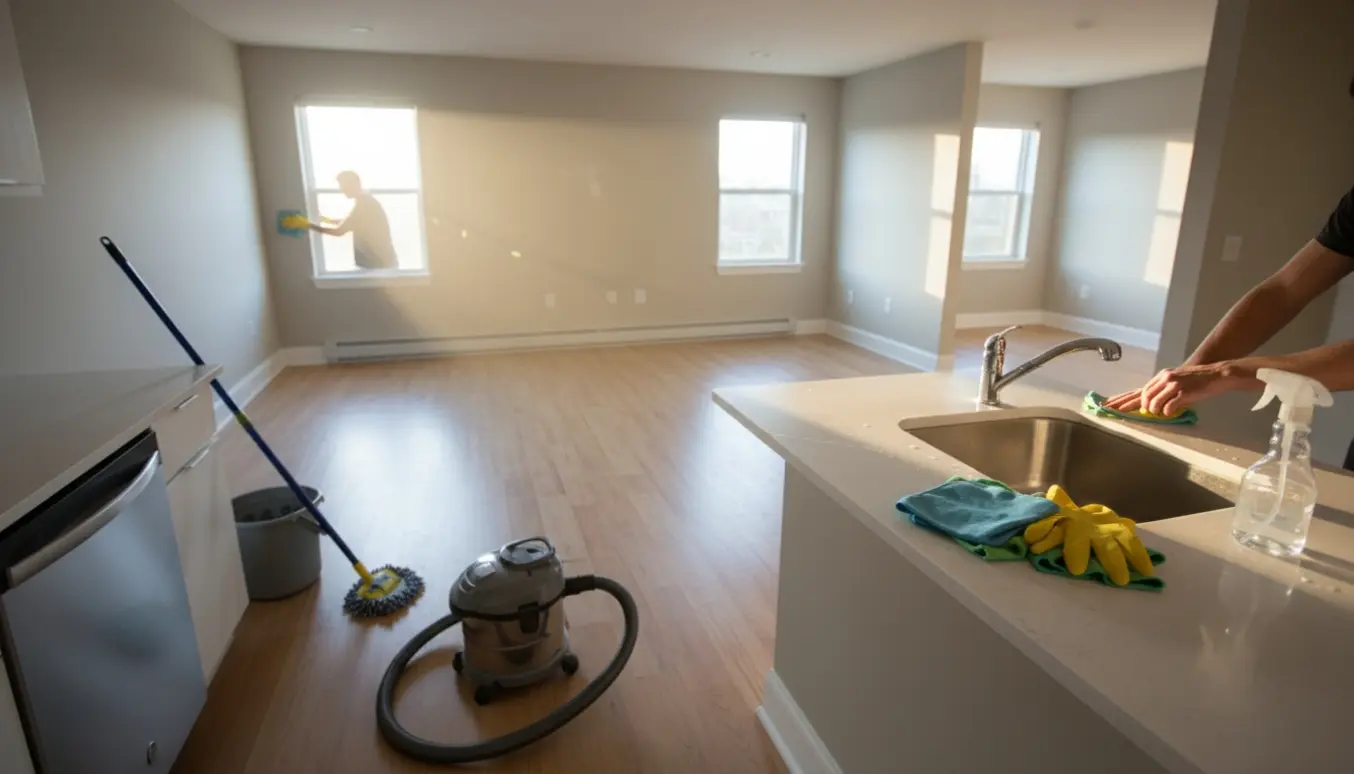 Tom toværelses lejlighed under slutrengøring med rengøringsredskaber, nypudsede vindueskarme og skinnende køkkenbord i naturligt dagslys.