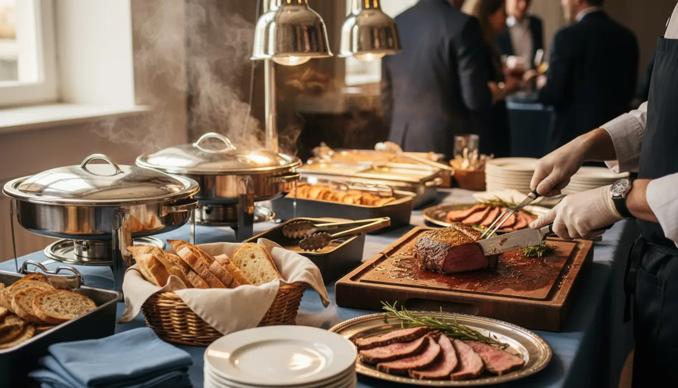 Hænder skærer varmt stegt kød og anretter det på fade ved en buffet med varme flutes.