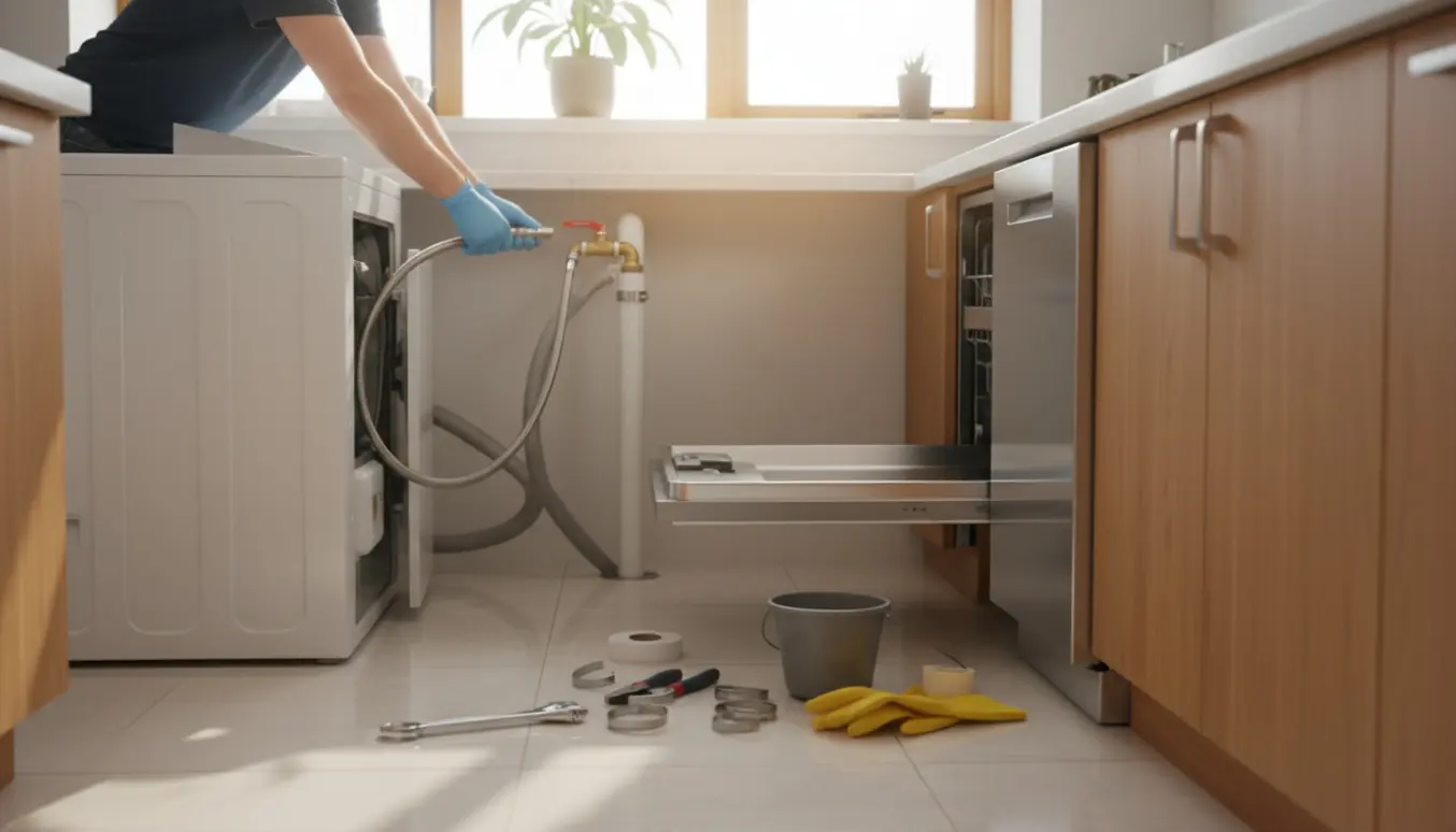 Hænder tilslutter vand- og afløbsslanger til vaskemaskine og opvaskemaskine i et lyst køkken.