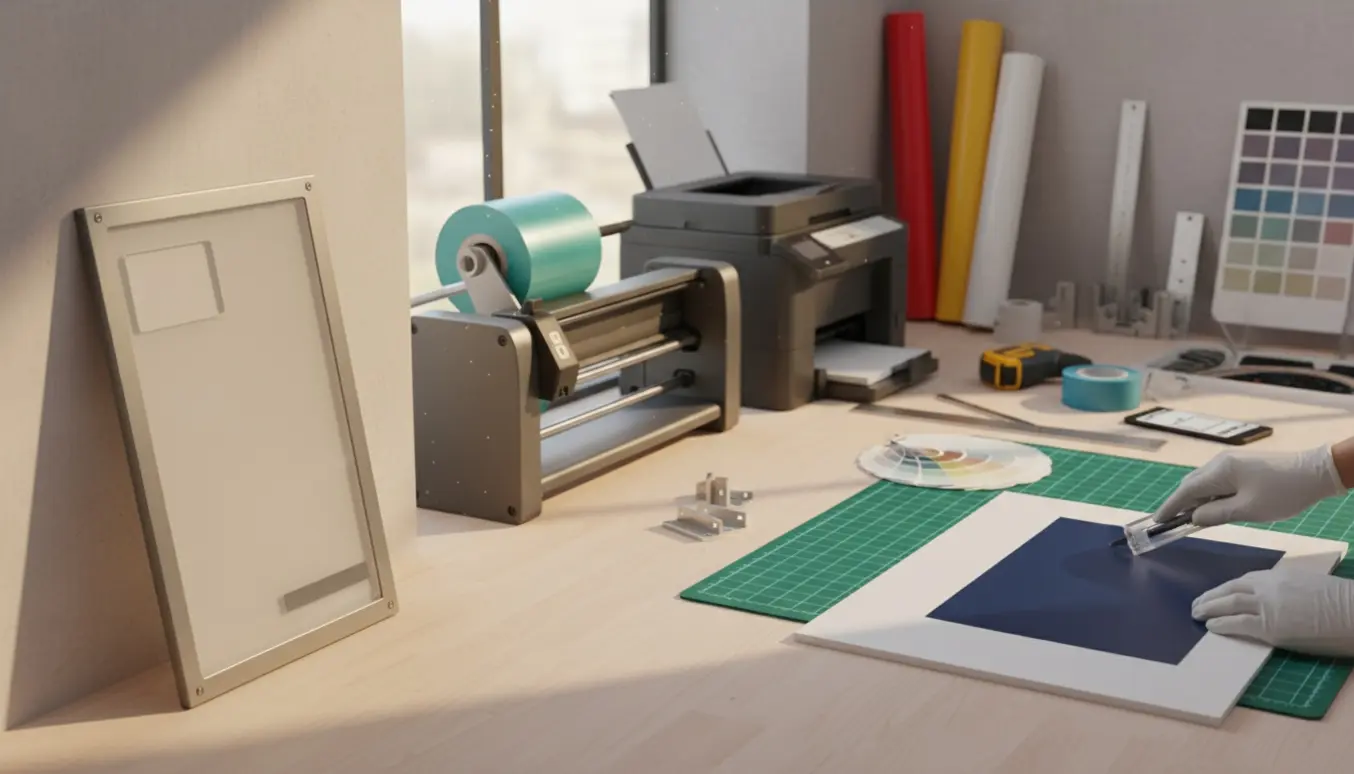 Værksted med et færdigt skilt og hænder, der påfører logo på et andet blankt skilt.