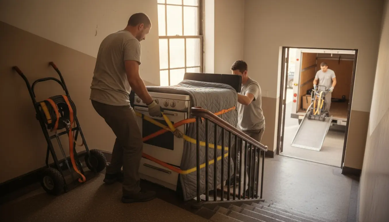 To flyttefolk bærer et indpakket komfur ned ad en smal lejlighedstrappe med dolly og flyttetæpper klar.