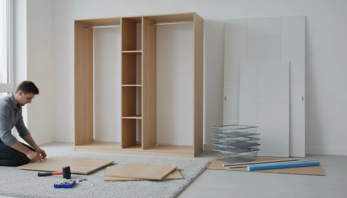 Delvist samlet fire-dørs Pax-garderobe i et lyst soveværelse med rammer, hylder, kurve og værktøj.