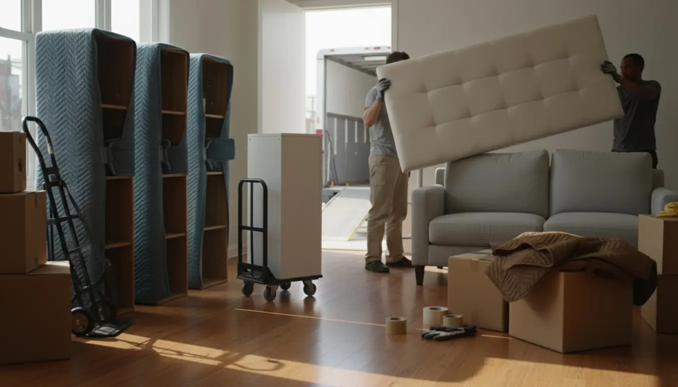 Flyttefolk ruller og bærer tre reoler, et smalt skab og en polstret sengegavl i en lys lejlighed med flyttekasser.