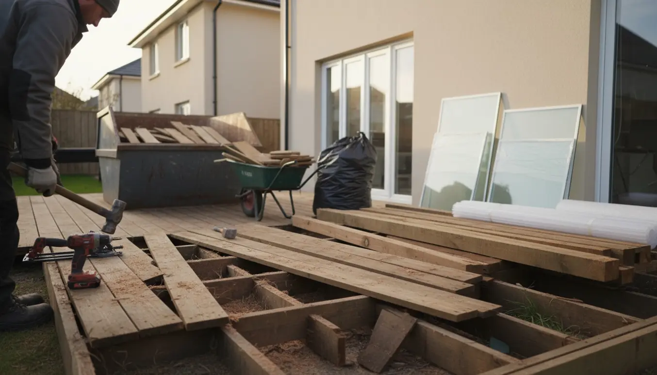 Nedrivning af en gammel træterrasse med brædder, plasttag, vinduesglas og en container tæt ved huset.