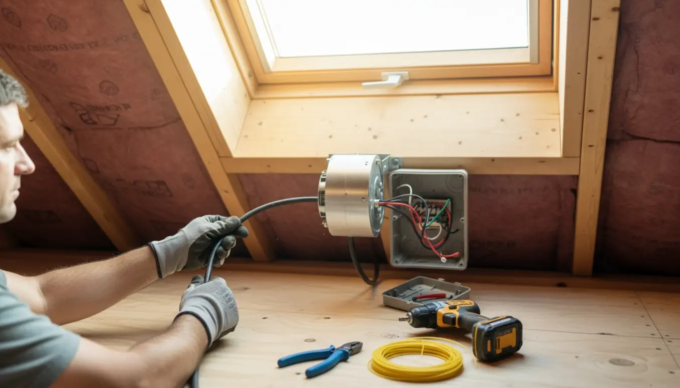 En elektriker trækker kabel for at tilslutte strøm til et nyt elektrisk ovenlysvindue i et loftsrum.