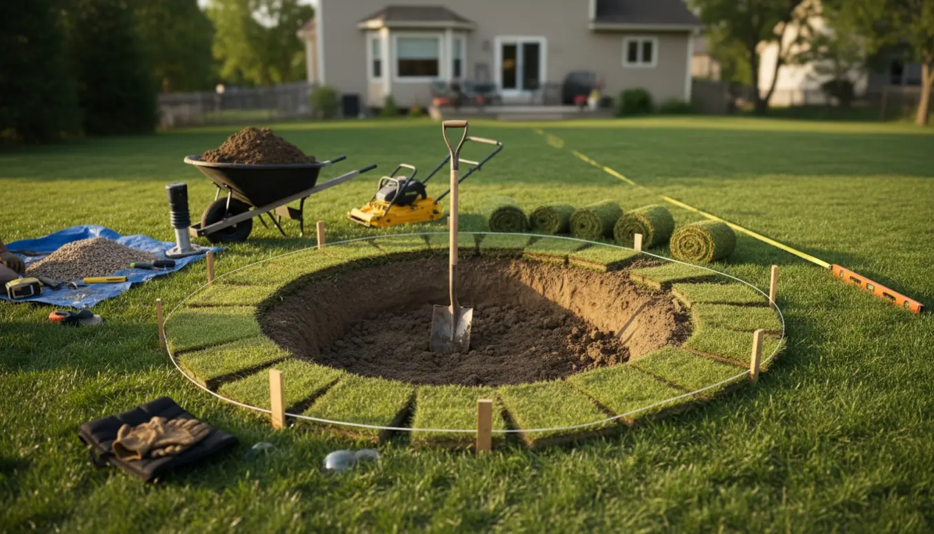 Cirkulært hul gravet i baghaven til en nedgravet trampolin med rullede plætestykker, skovl og trillebør.