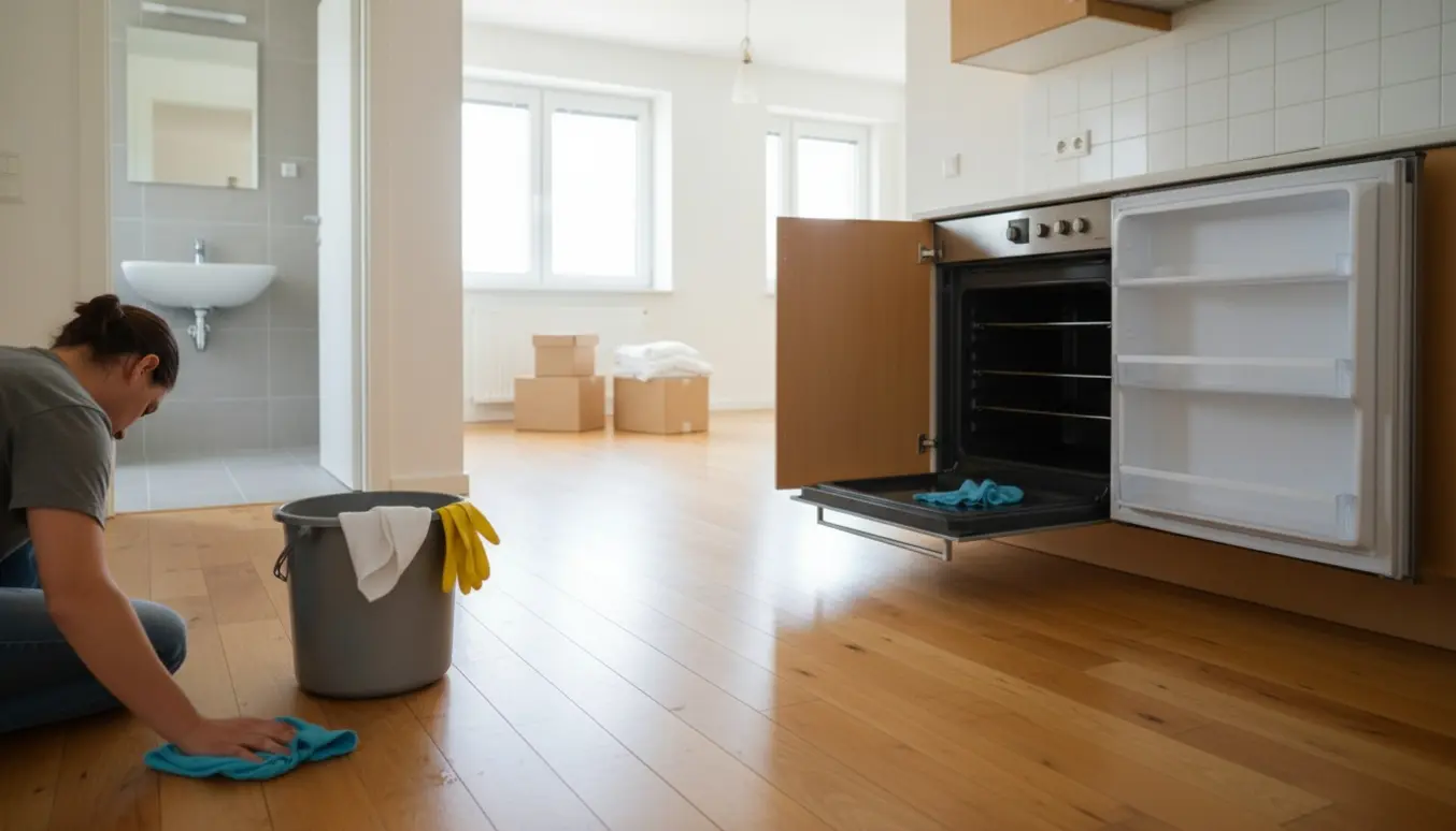 Tom lejlighed under flytterengøring med en person, der aftørrer trægulvet, åben ovn og køleskab og stakke flyttekasser.