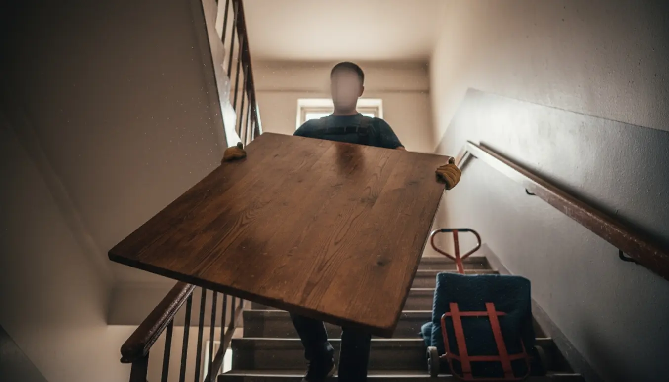 Set bagfra bærer en person en tung træbordplade ned ad opgangstrappen mod kælderrummet.