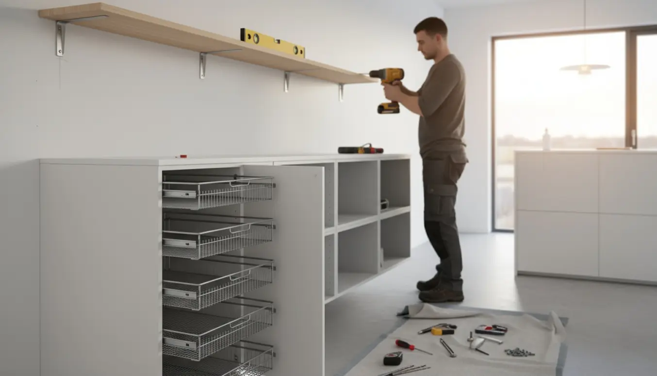 Montage af modulære væghylder, indsætning af trådskuffer i køkkenskabe og montering af en hattehylde.