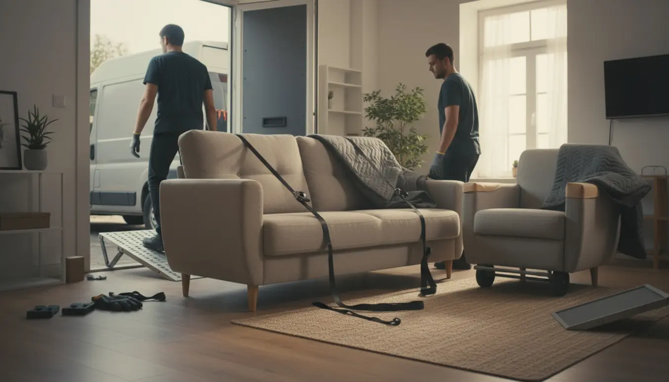 Sovesofa og lænestol læsses fra stueplan ind i en varevogn med flytteudstyr, set uden synlige ansigter.