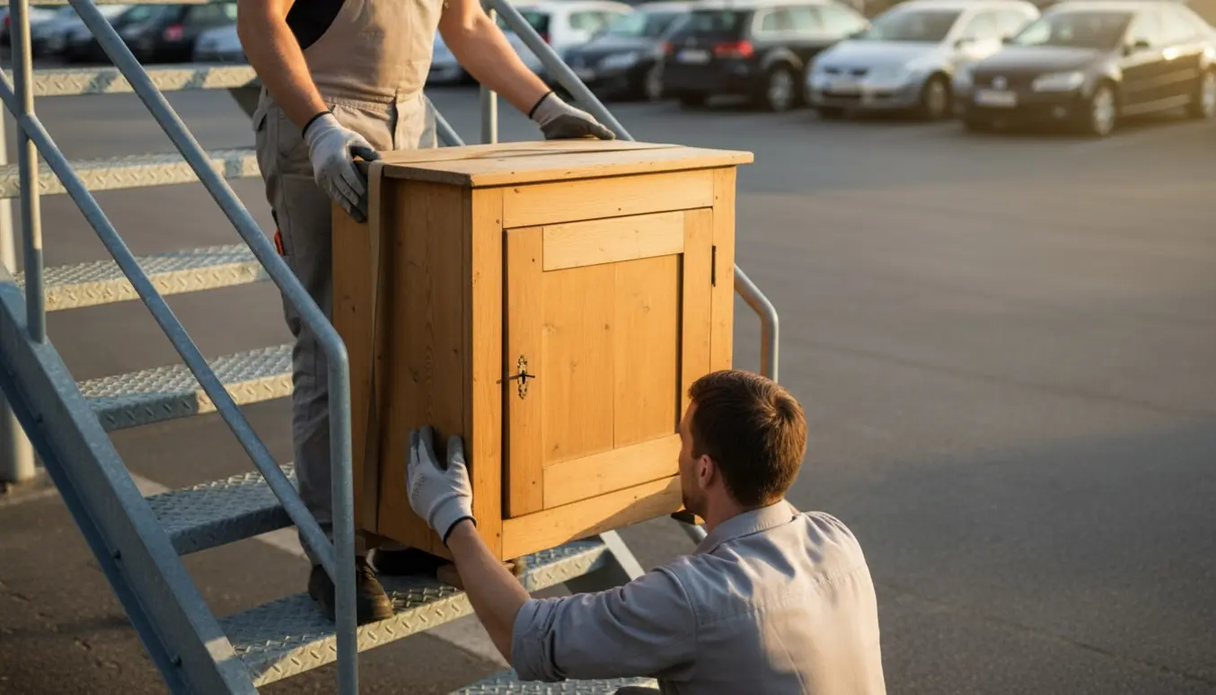 To personer bærer et lille træskab ned ad en udvendig metaltrappe til en parkeringsplads, uden tydelige ansigter.