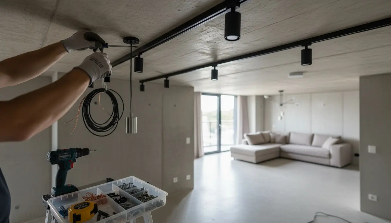 Hænder monterer to skinner og en strømskinne i et råt betonloft med pendel og værktøj.