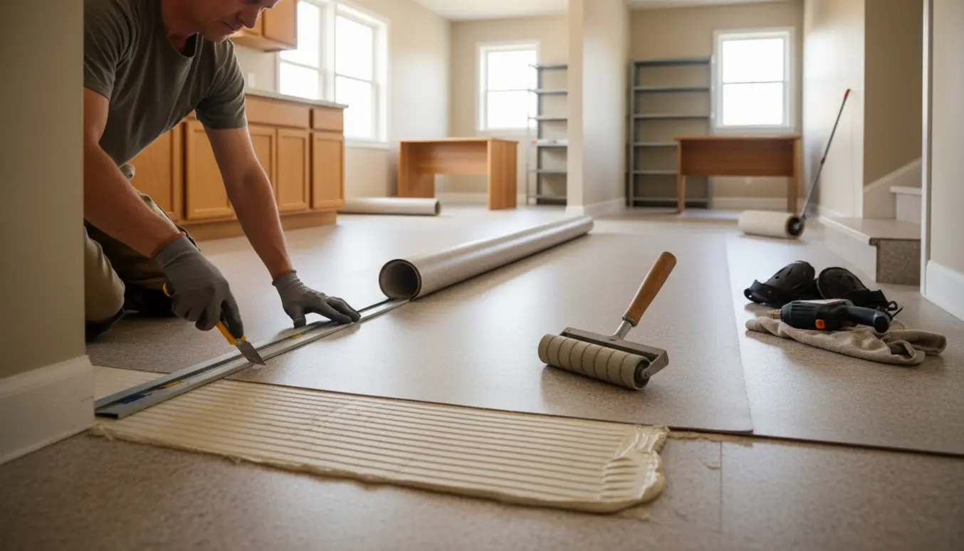 Installatør skærer og limer linoleum i køkken og tilstødende rum med ruller og værktøj.