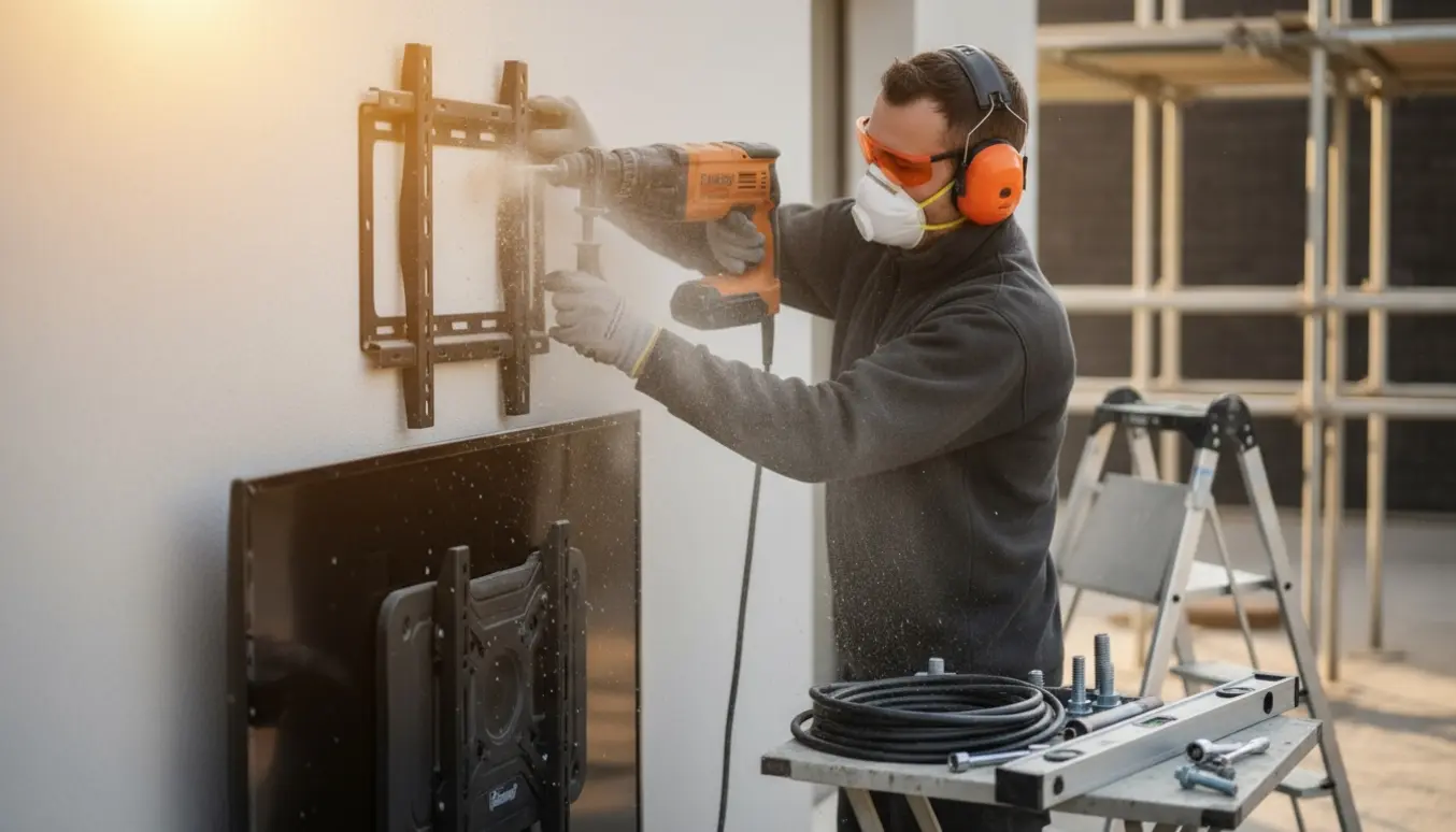 Hænder holder et TV-beslag, mens en borehammer borer i en nybyggers ydervæg med TV og værktøj klar i sollys.