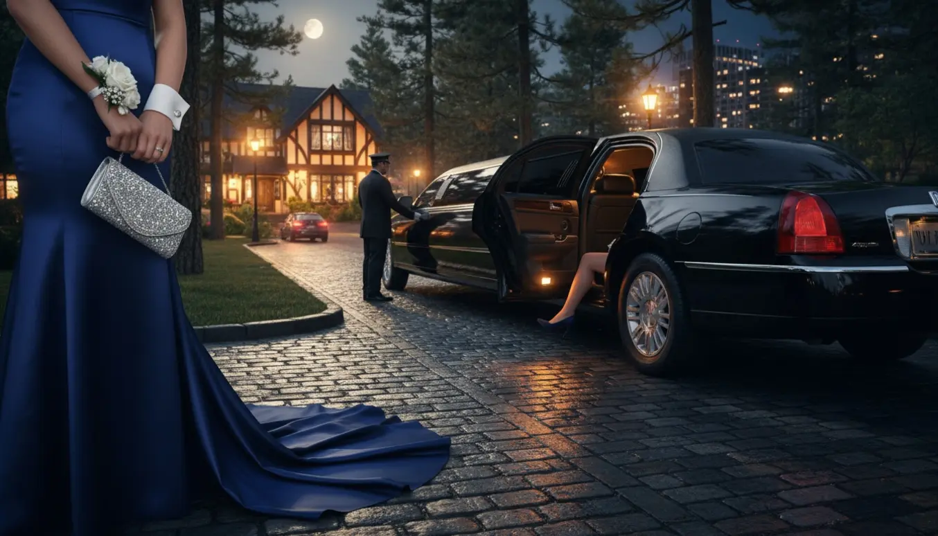 En sort limousine holder foran et oplyst, skovomkranset værtshus om natten, mens velklædte unge stiger ind uden tydelige ansigter.