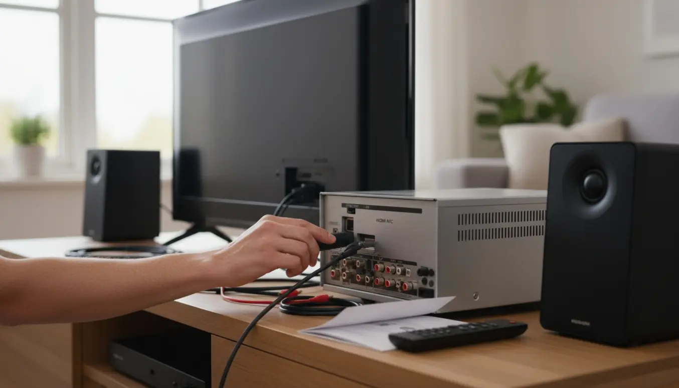 Hænder tilslutter HDMI- og optiske kabler mellem et tv og et stereoanlæg på et træmediabord.