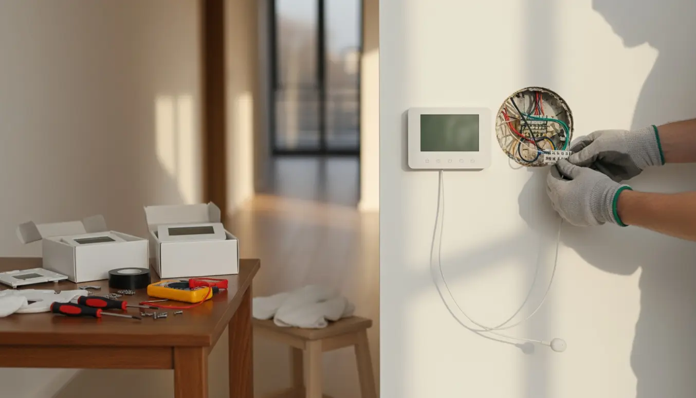 Nærbillede af hænder, der monterer en ny vægtermostat med flere nye termostater og en lang fjernføler liggende klar på et bord.