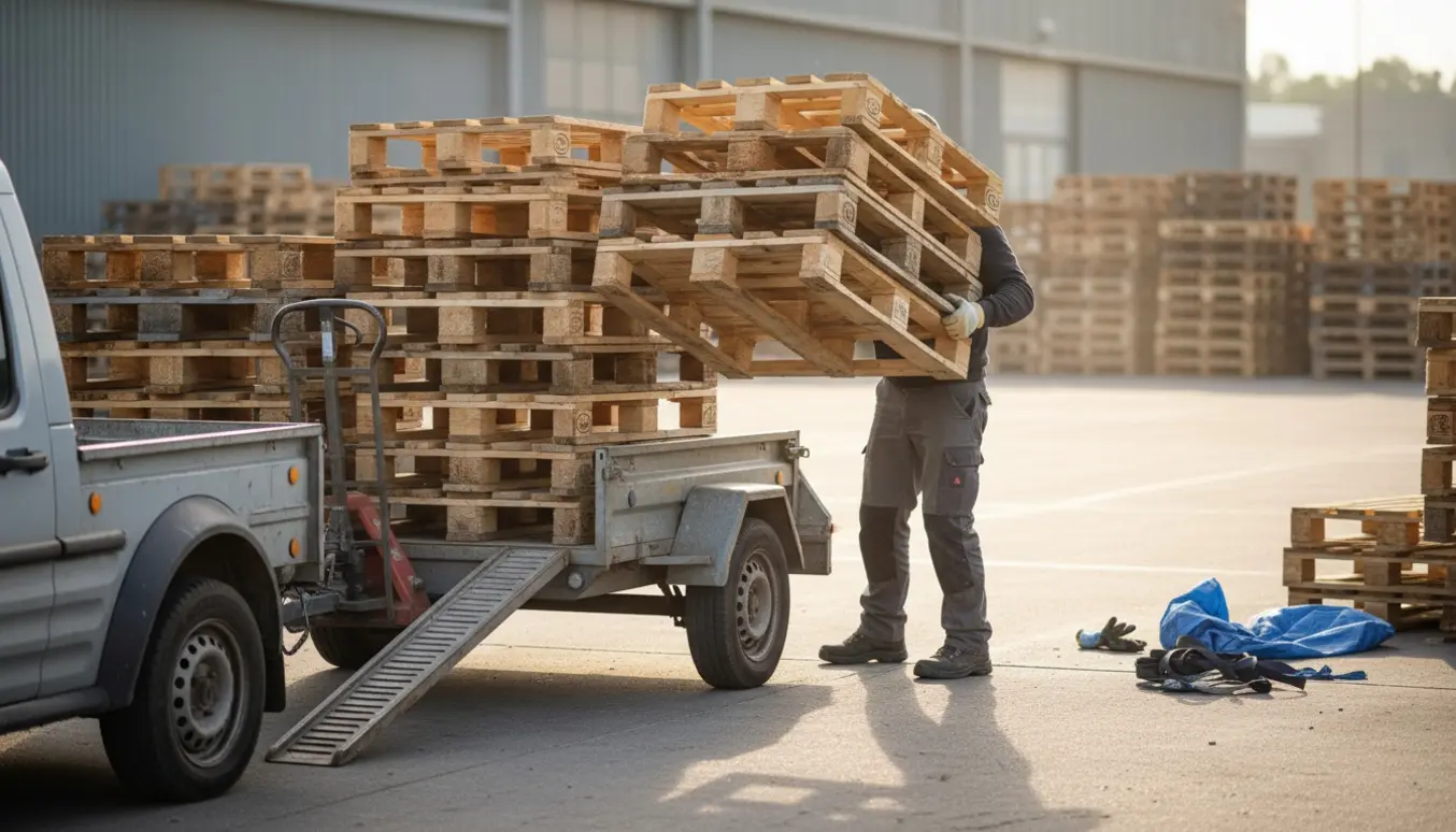 Trailer lastes med små og store træpaller ved en losseplads, en person løfter paller uden at få ansigtet vist.