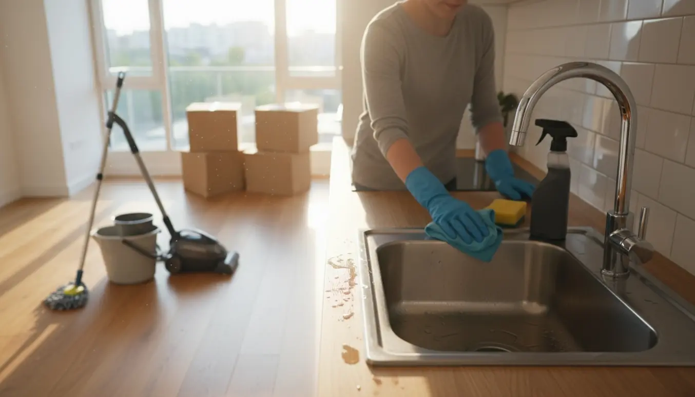 Rengøring af en lille lys lejlighed før udflytning med rengøringsudstyr og flyttekasser.